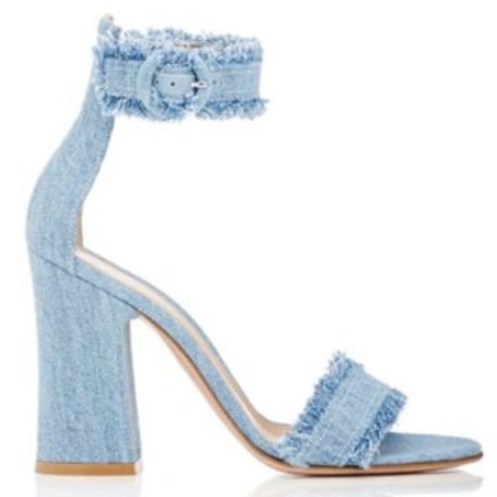 Gianvito Rossi Kiki Frayed Denim Ankle-strap Block-heel Sandals in Stone Wash